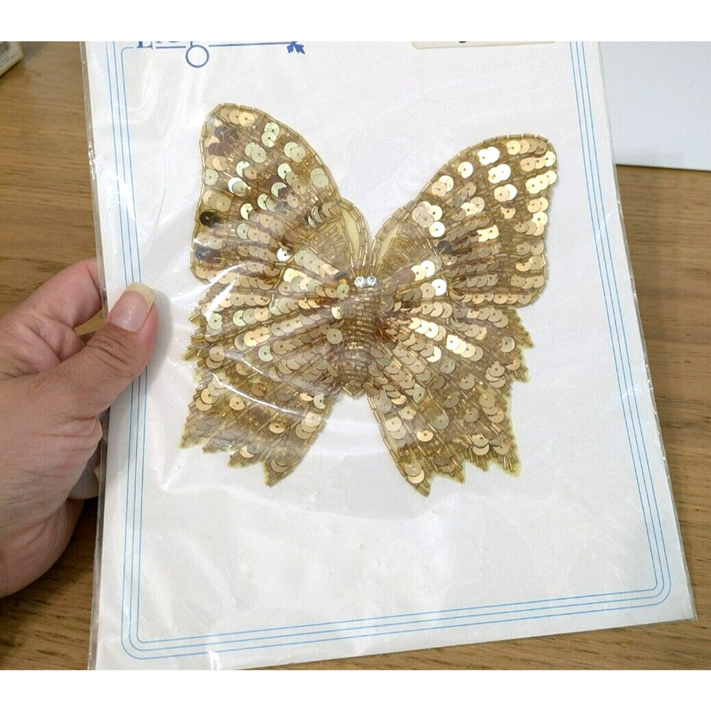 ELEGANCE Gold Butterfly Sequined Sew-On‎ Sewing Applique Craft Patch Vintage